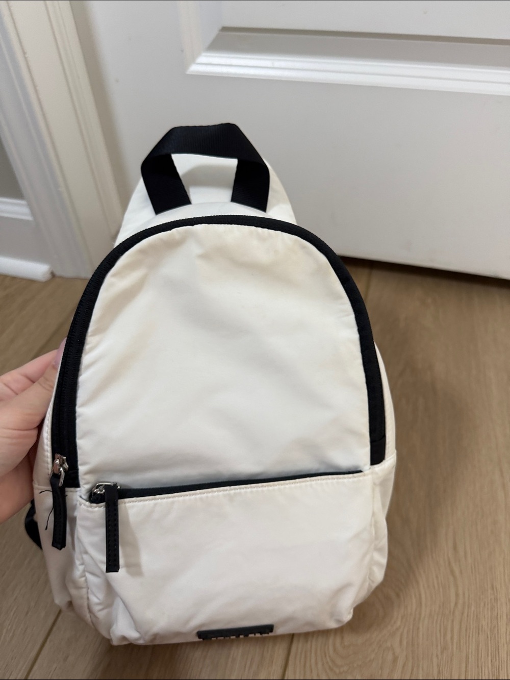 Athleta White Crossbody Mini Backpack with Black Trim
